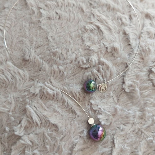 Steel Necklace with Iridescent Purple Pearls new