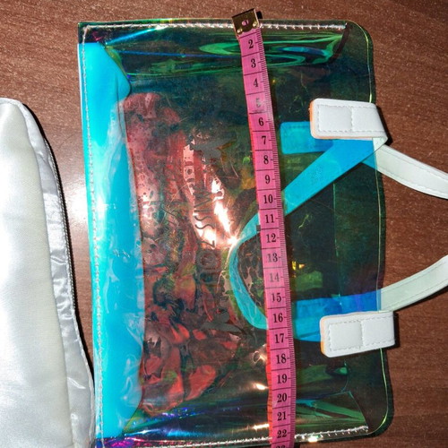 Transparent handbag with iridescent shades and removable inner pouch new