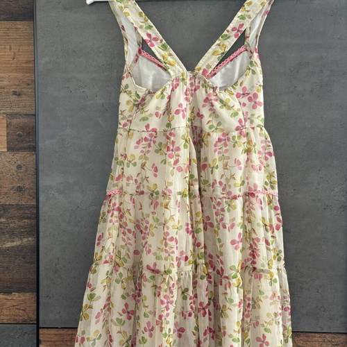 Romantic mini dress used, floral chiffon, pink green beige