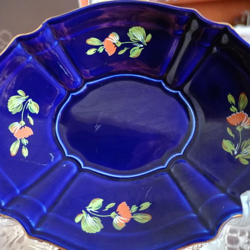 Oval blue vintage plate like new with colorful floral details