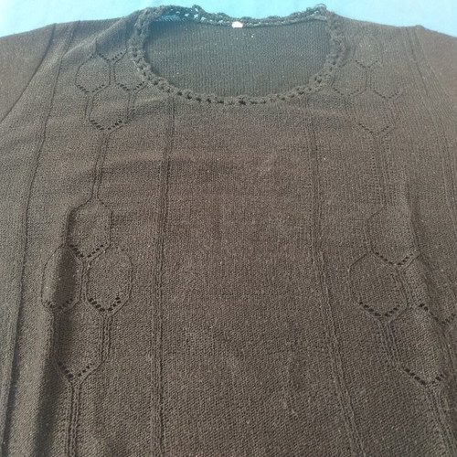 Black Short-Sleeve Knitted Blouse with Lace Neckline used, M/L