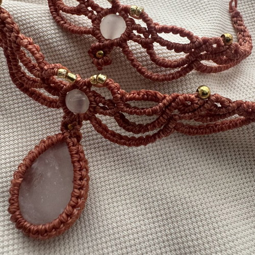 Macrame jewelry set with white opalite and quartz, new