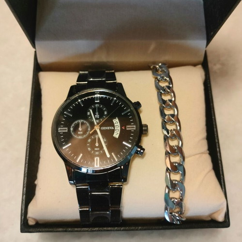 Geneva men's watch and silver chain bracelet set new in box