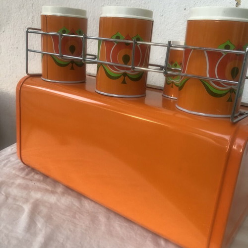 Vintage metal bread box with storage containers