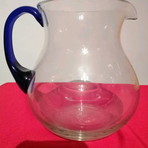 Vintage crystal pitcher with handmade cobalt blue handle, like new
