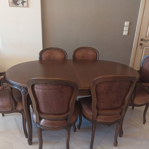 Dining table set with 4 leather chairs and 2 armchairs, beech wood
