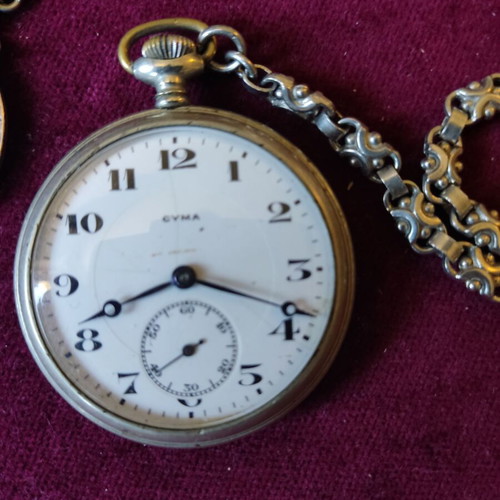 Cyma silver-plated pocket watch with silver-plated chain and religious medal used