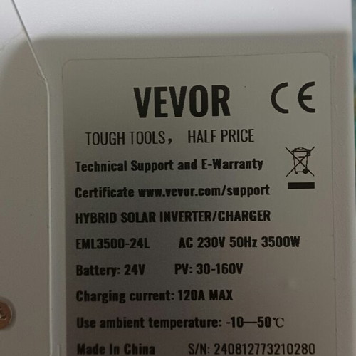 Vevor Hybrid Solar Inverter EML3500-24L 3500W 24V used