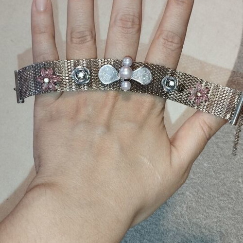 Wide mesh bracelet 2cm with romantic flowers & pearls, silver/pink