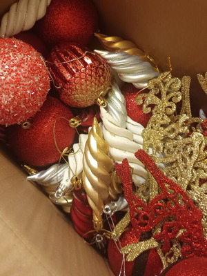 Christmas ornaments like new, box with balls and branches in gold red silver white tones