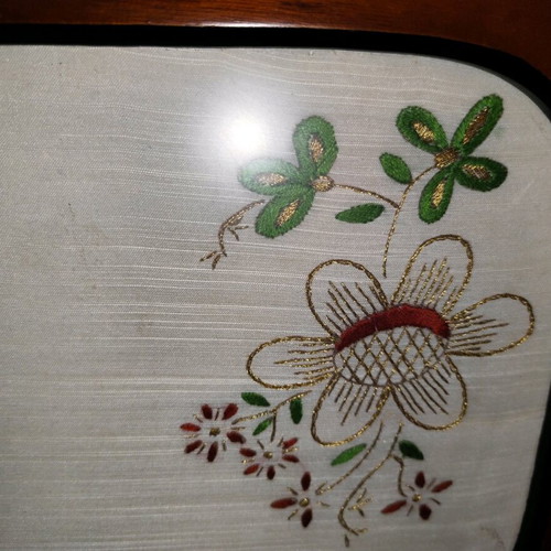 Wooden tray with handmade vintage embroidery used, glass top and two handles