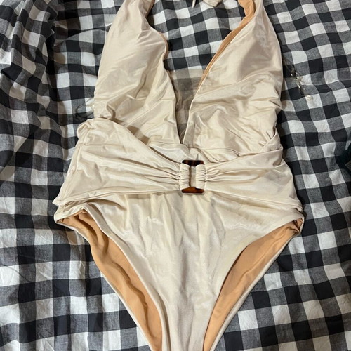 SugarFree swimsuit large used, beige with bust transparency