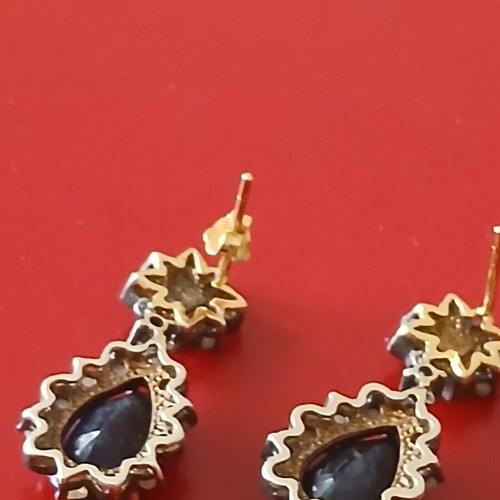 Earrings with genuine diamonds and sapphires, 925 silver and 9k gold, no clasp