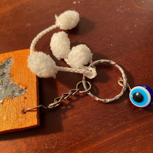 Wooden keychain with ciel stones and evil eye new