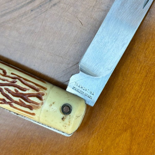 Vintage Tramontina folding knife from Brazil, used, decorative handle