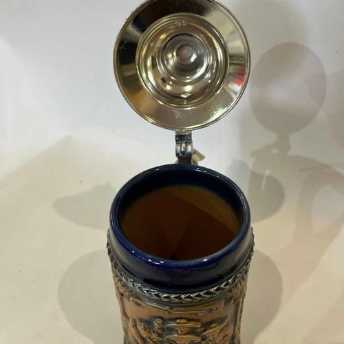 Gerz German beer stein used with embossed designs and pewter lid