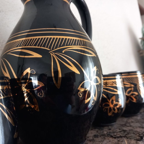 Vintage ceramic serving set with carafe and 6 glasses 70s-80s used