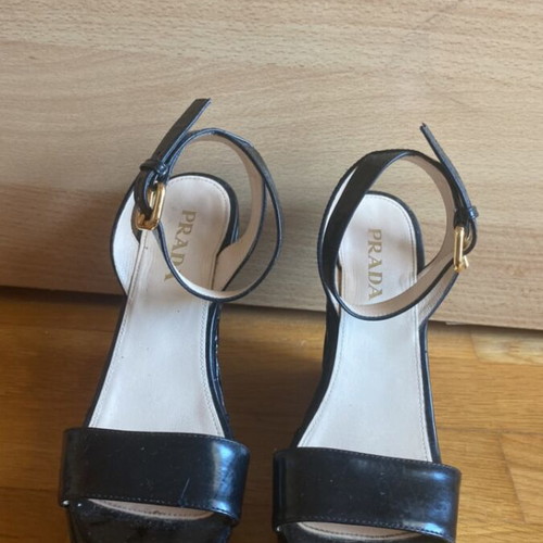 Prada Vernice black patent leather wedge platform sandals, size 36