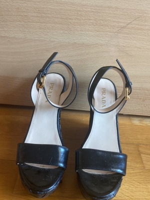 Prada Vernice black patent leather wedge platform sandals, size 36
