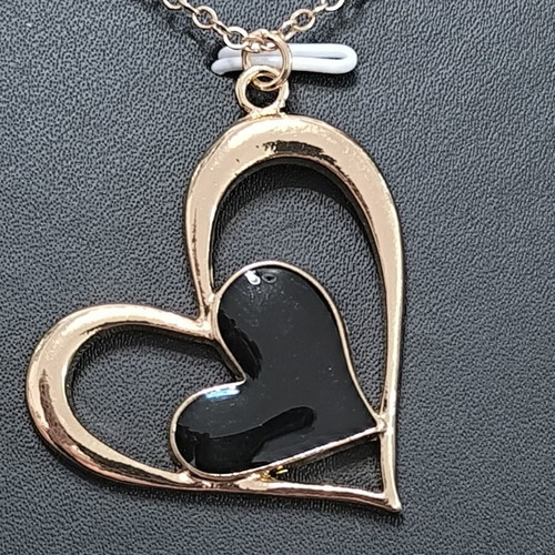 Necklace with Double Heart pendant, gold color with black heart