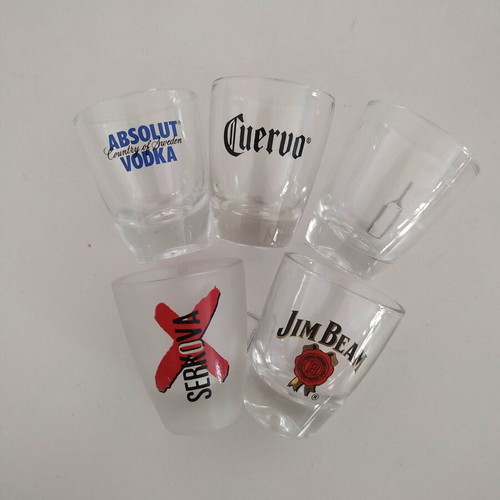 Set of 5 used glass shot glasses with liquor logos