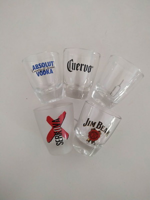 Set of 5 used glass shot glasses with liquor logos