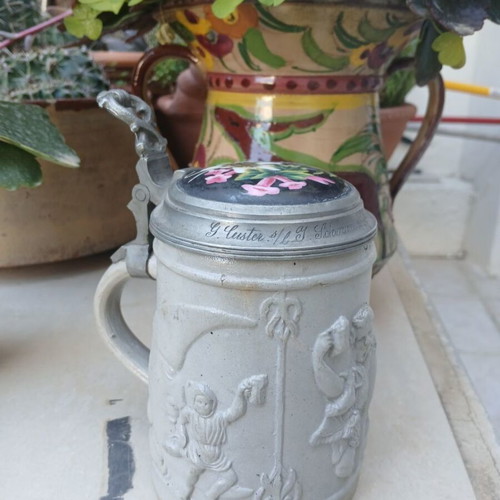 Antique German Westerwald Salt-Glazed Stoneware Beer Stein with Pewter Lid used