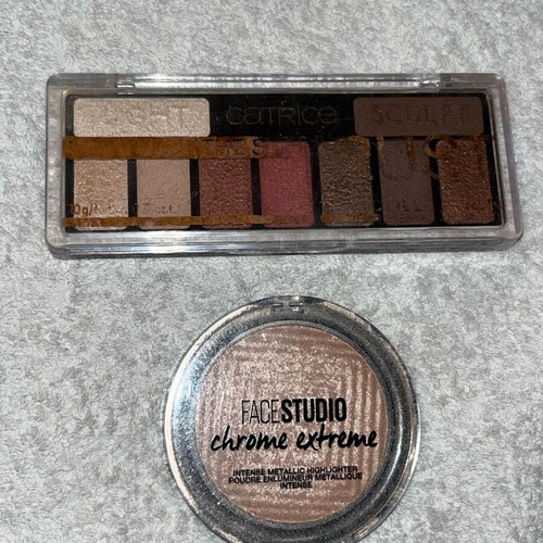 Catrice and Maybeline eyeshadows and highlighter used slightly