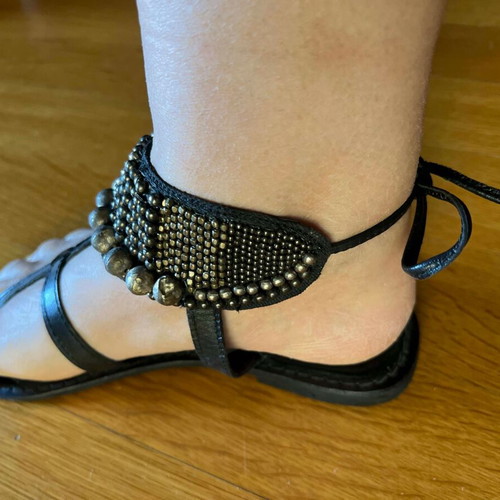 Leather vintage black sandals new, decorated with metal pearls