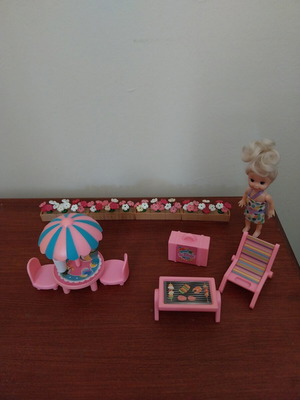 Summer toy set used with mini doll, garden, lounger, suitcase, table, umbrella