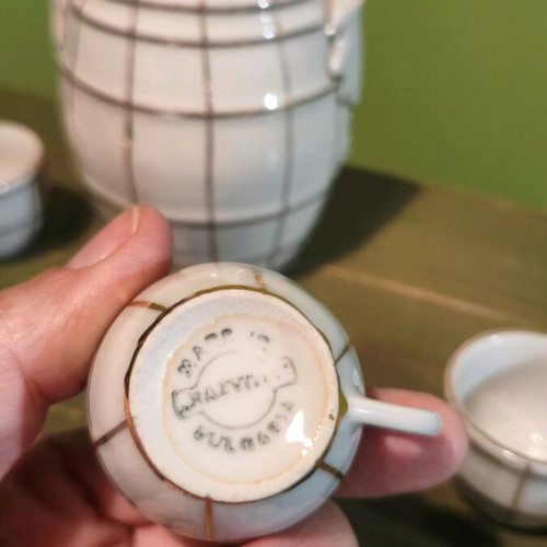 Rafit liqueur raki set used, porcelain with checkered pattern