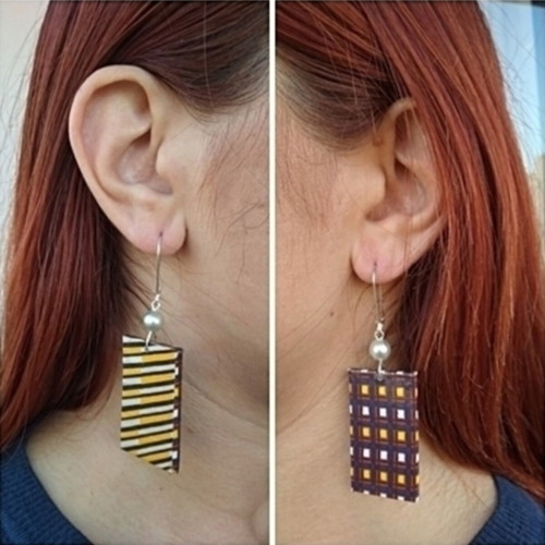 Double-sided earrings handmade from recycled paper, red and yellow