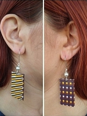 Double-sided earrings handmade from recycled paper, red and yellow
