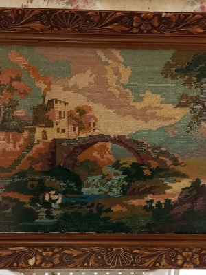 Vintage χειροποίητος κεντητός πίνακας γκομπλέν μεταχειρισμένος με κορνίζα