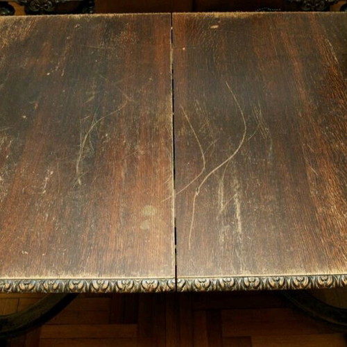Tudor Jacobean dining set used, table and 6 chairs, antique