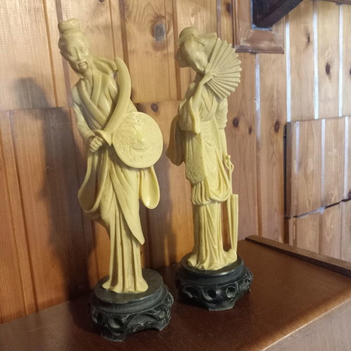 Samurai and Geisha vintage resin figurines in faux ivory