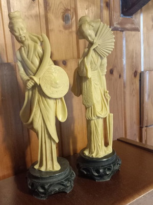 Samurai and Geisha vintage resin figurines in faux ivory