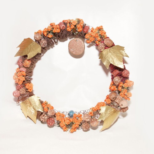 Handmade wreath with brass leaves and clay beads new