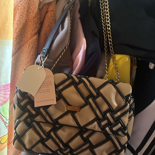 Veta women's shoulder bag beige-black new, eco leather