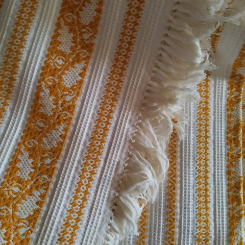 Woven blanket new with handmade knitted lace and fringes