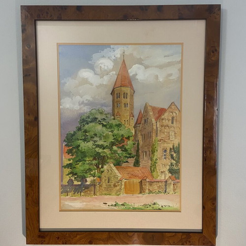 Original watercolor painting Abbaye Saint-Maurice Clervaux Luxembourg