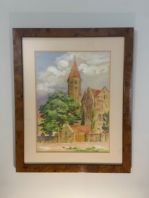 Original watercolor painting Abbaye Saint-Maurice Clervaux Luxembourg