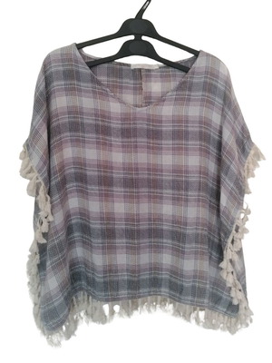 Cherry Paris poncho with checkered pattern and white tassels like new
