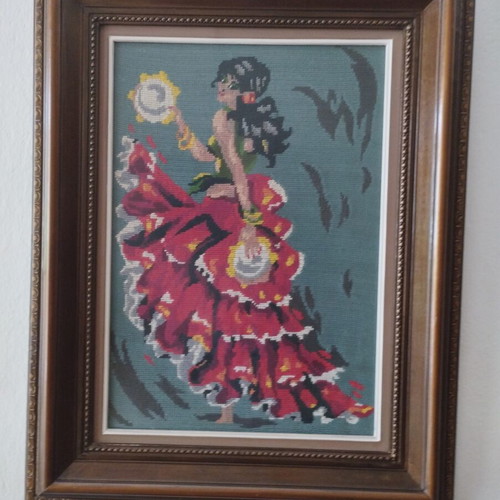 Vintage Handmade Embroidery "Spanish" – Canvas with Wooden Frame