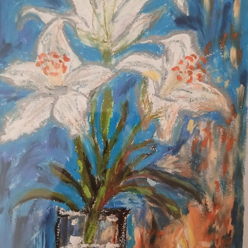 Oil pastel painting with white lilies