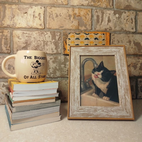 Framed Cat at the Faucet Picture 13x18 cm Vintage Kitchen Decor
