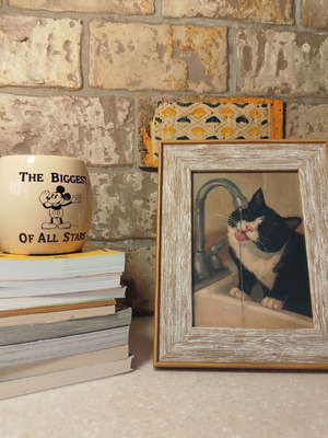 Framed Cat at the Faucet Picture 13x18 cm Vintage Kitchen Decor