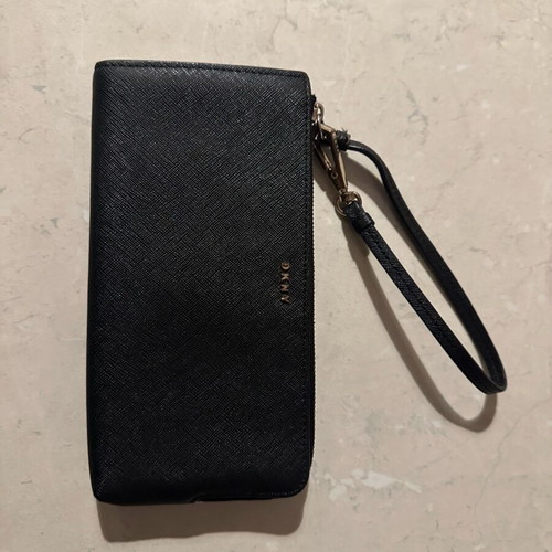 DKNY black women's wallet with zipper and wrist strap used