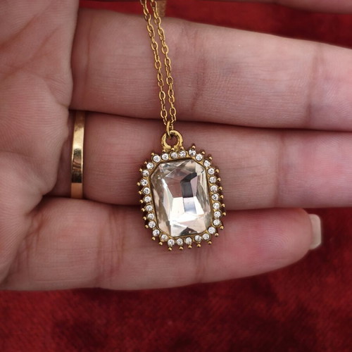 Stainless Steel Necklace with Rectangular Crystal and Strass Halo, Like New