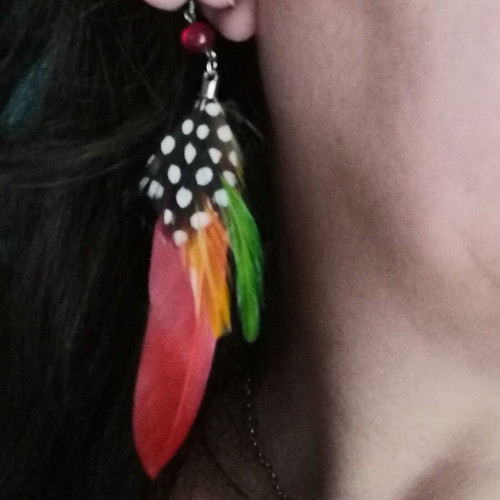 Boho earrings handmade with natural colorful feathers, new